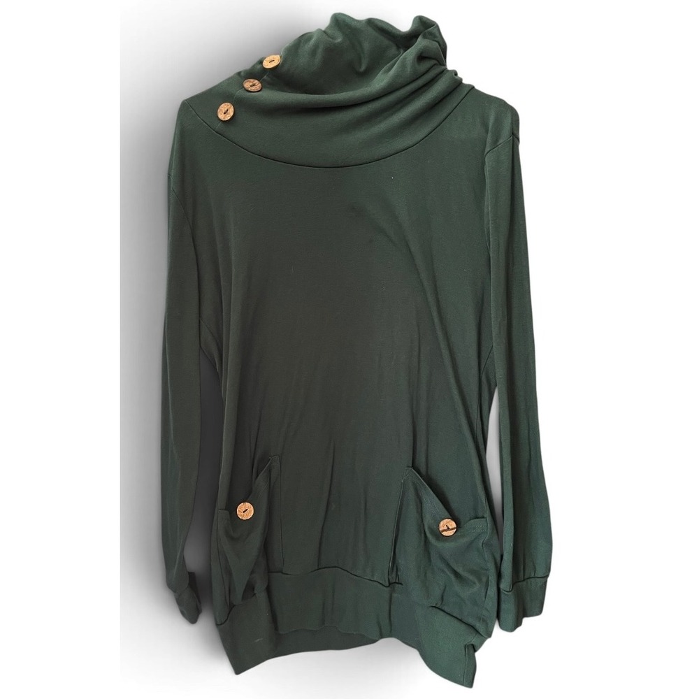Levaca Forest Green Cowl Neck Tunic Top Wooden Buttons Pockets Women's L - Picture 2 of 7